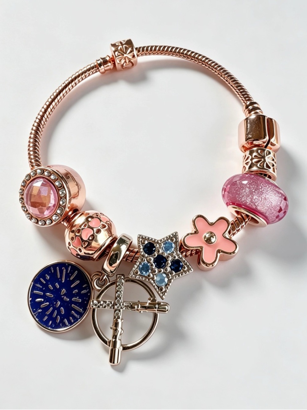 Rose Gold Charm Bracelet with Pink Flower and Glass Beads